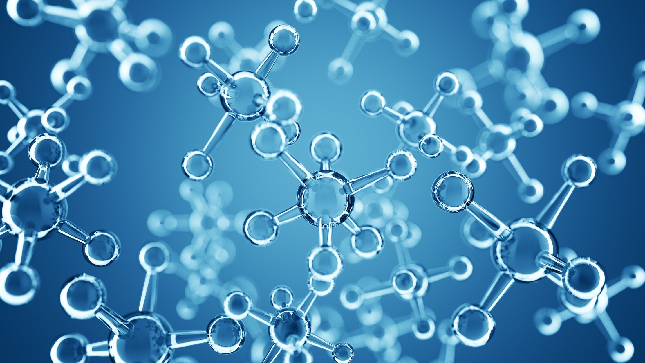 3D illustration of molecular hydrogen structure in blue tone.