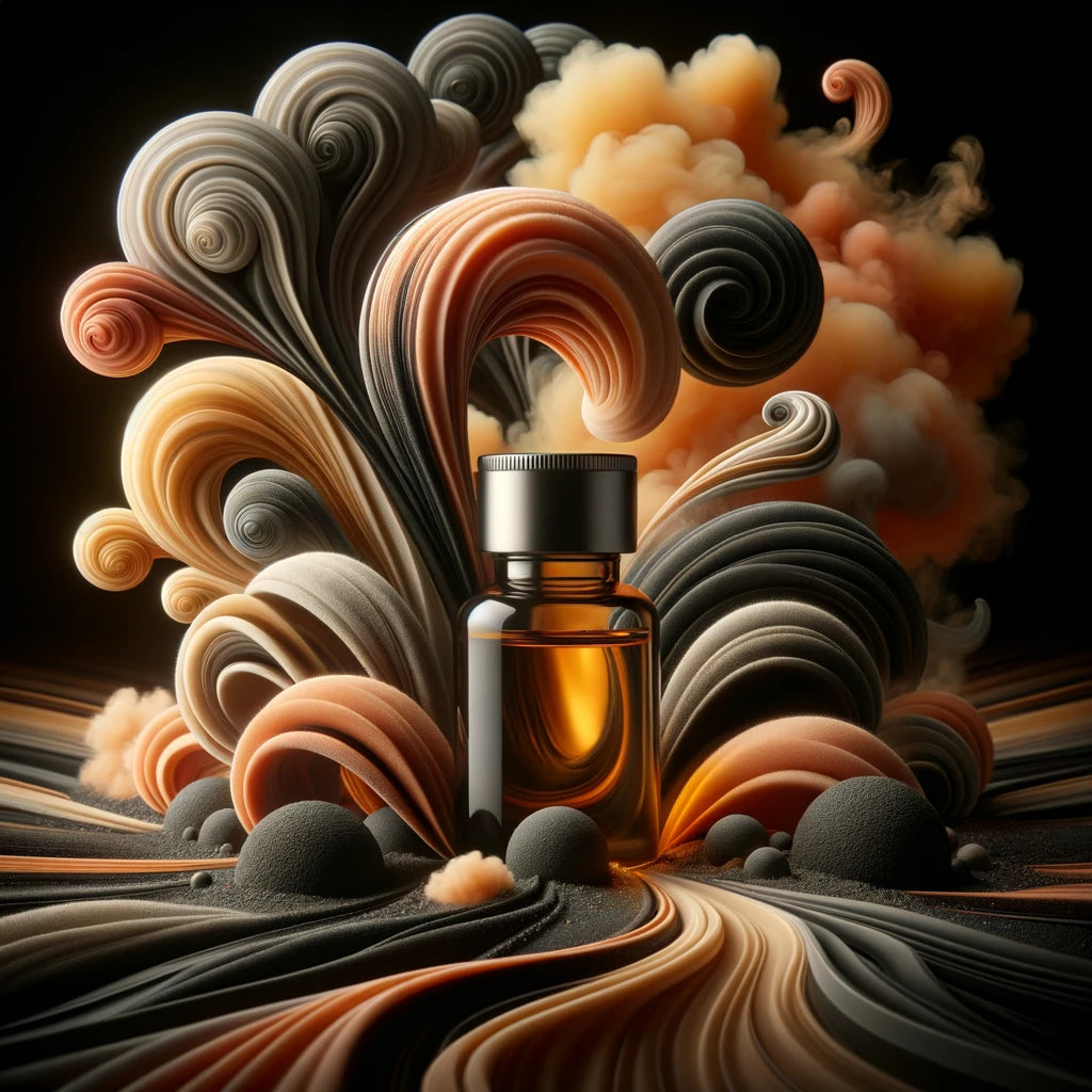 essence of aromatherapy, highlighted by a captivating swirl of smoke and scent trails around the bottle.