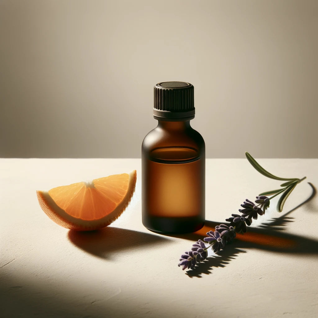 essential oil bottle placed against a clean, neutral background, accompanied by jan orange that represents the scent of the oil.