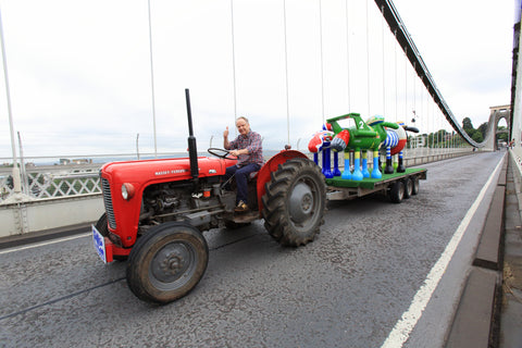 Nick Park at the launch of Shaun in the City. Driving Shaun the Sheep across Clifton Suspension bridge.