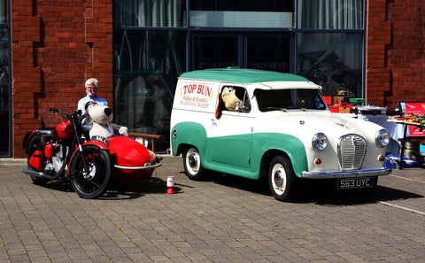 mike with the can and motorbike and sidecar at a fundraising event