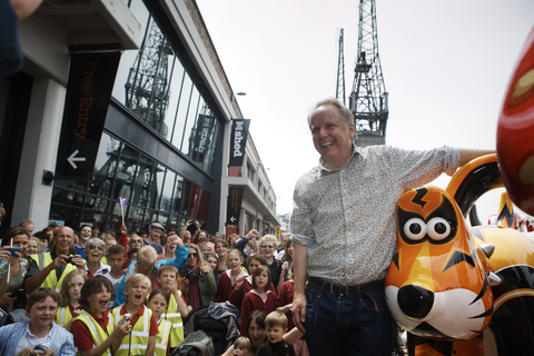 Nick Park at the launch of Gromit Unleashed in 2013 next to Grrrromit at Bristol Harbourside.