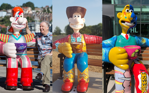 Wallace from Gromit Unleashed 2 trail Bristol. Nick Park with 'Space Oddi-tea' The Wensleydale Kid and The Wallace Collection, the pop art inspired Wallace