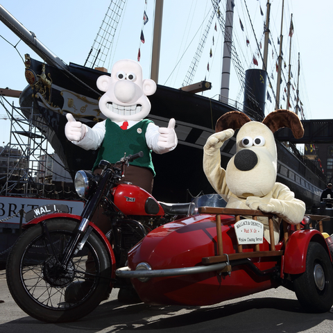 wallace & Gromit in the motorbike and sidecar at the SS Great Britain
