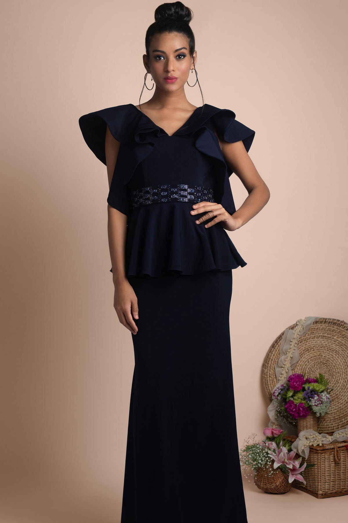 2 Tier Ruffled Gown With Side Waist Cut for women by Mandira Wirk