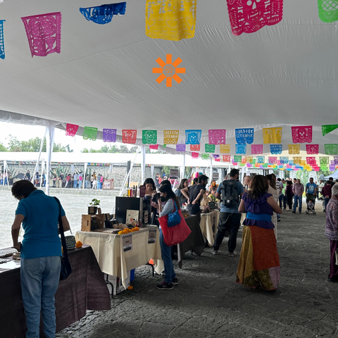 Festival cacao para Todos, pasillo de stands con productos.