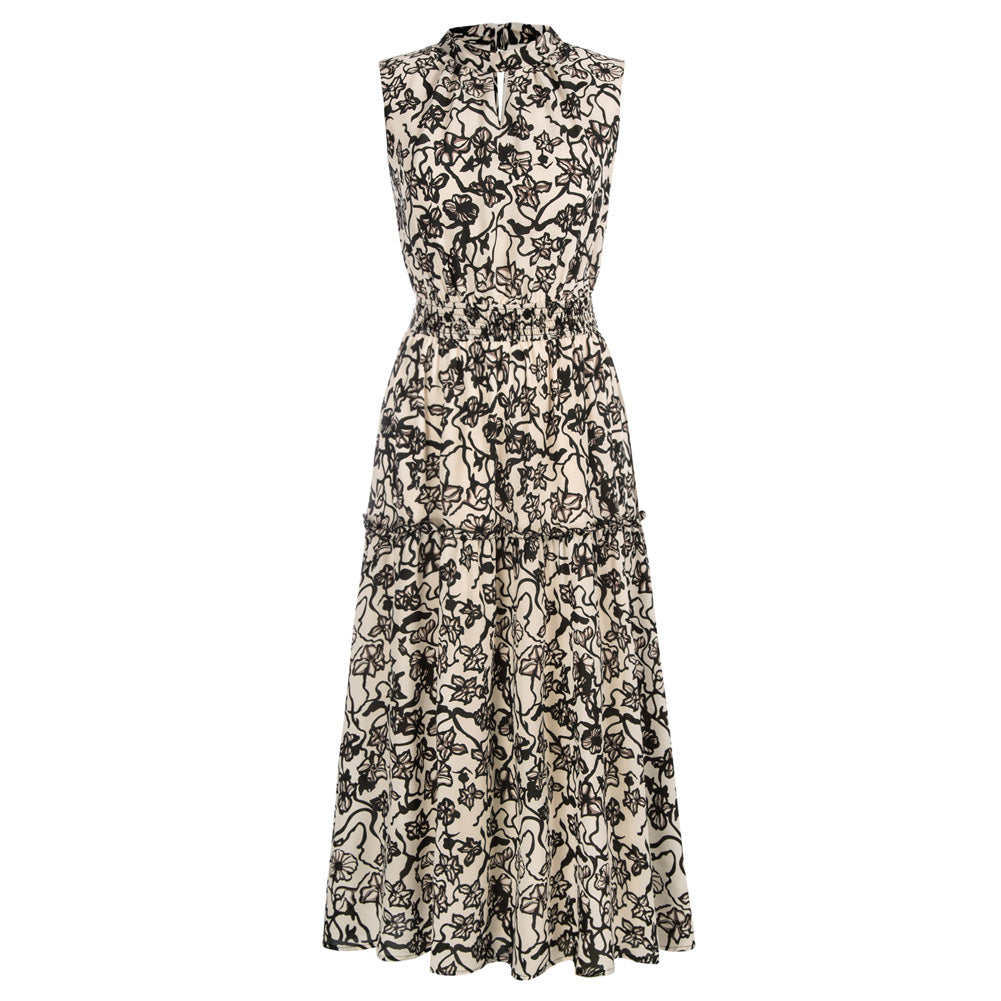 Jasambac Women Elastic Waist Dress Sleeveless Half High-Neck Flared A-Line Dress - Jasambac