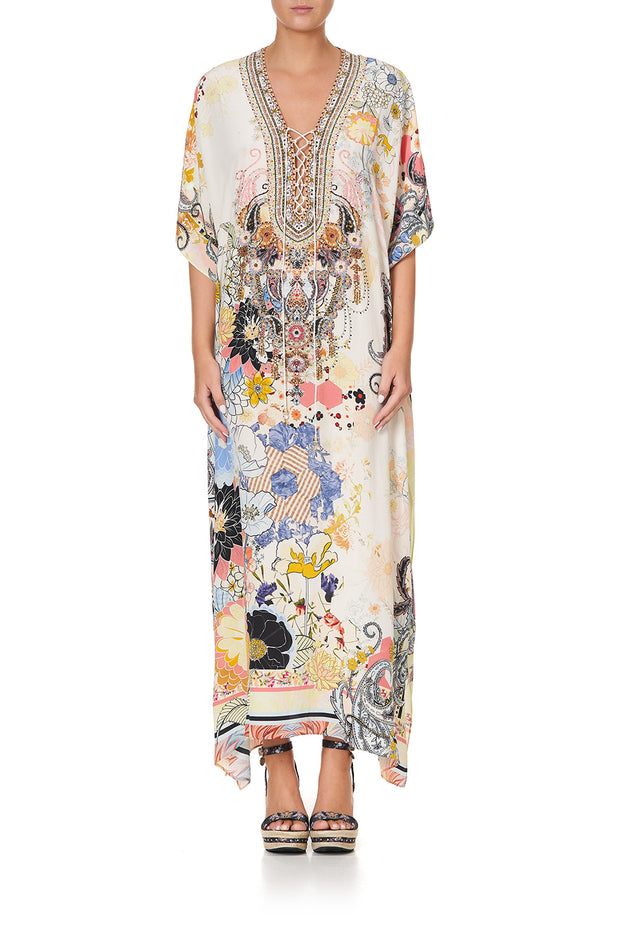 Camilla Britain Bouquet Lace Up Kaftan White Floral Silk Maxi Dress ...