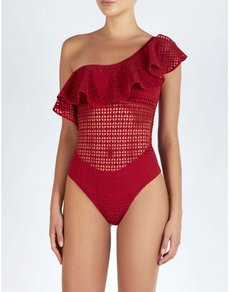 Evarae Swimwear Irene One Shoulder Laser One Piece Swimsuit In Red Matte Catriona