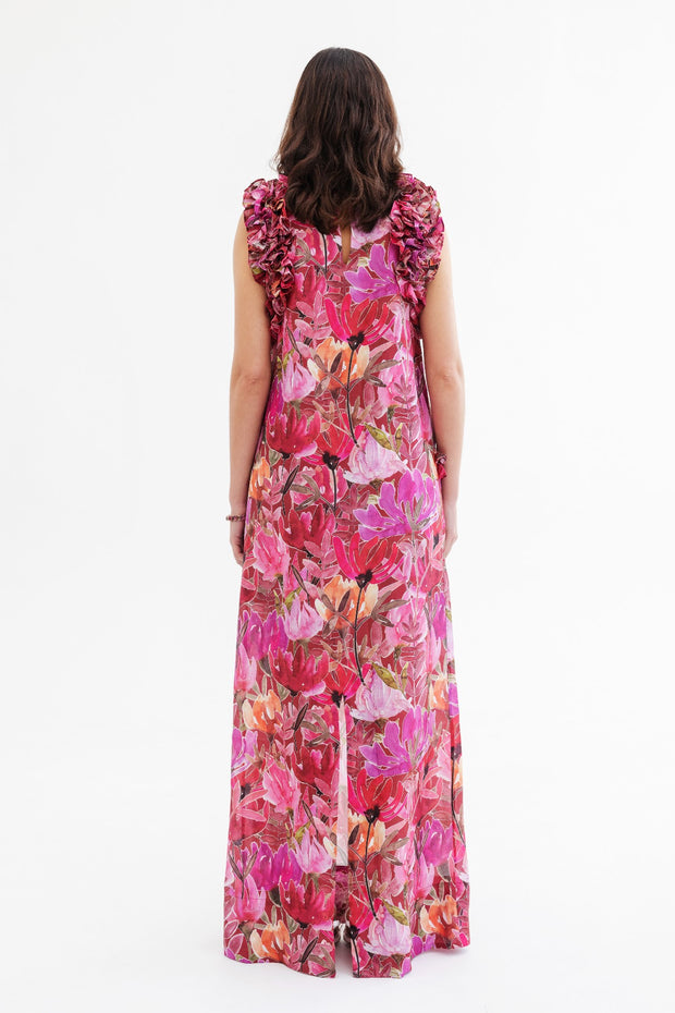 Isla & White Senta Long Silk Dress with Ruffles, Pink Summer Floral ...