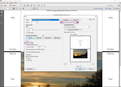 digital download print options screenshot with greyscale unchecked circled and actual size circled