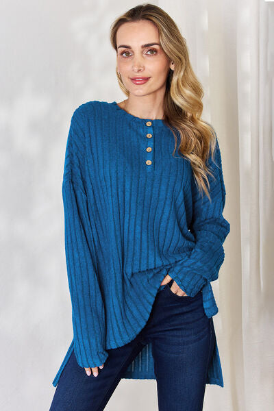 Basic Bae Ribbed Half Button Long Sleeve High-Low T-Shirt - Full Size
