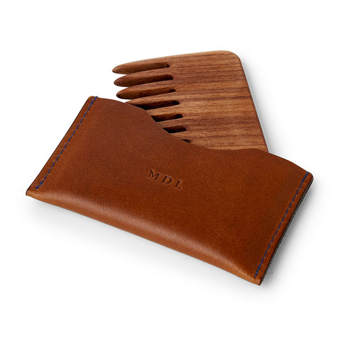 personalised wooden beard comb with leather case by man gun bear