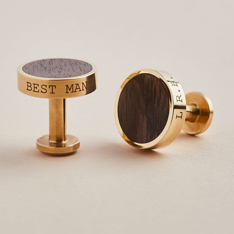 Brass and walnut cufflinks by Man & Bear, engraved with a personalised message