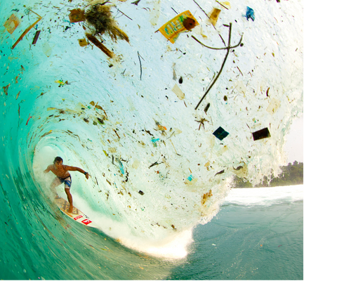 Zak Noyle photo of a surfer inside of a wave filled with trash, called Wave of Change