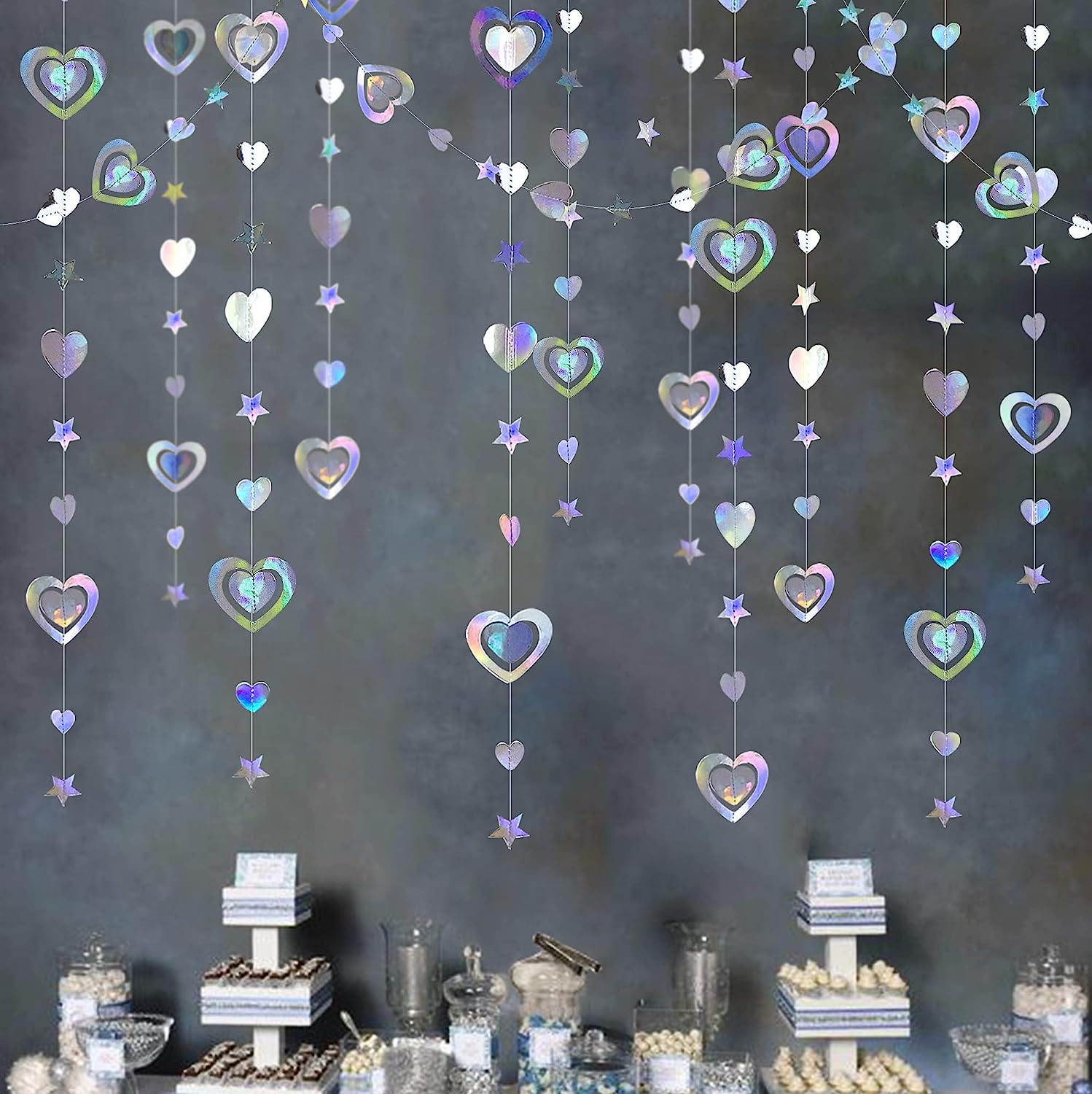 Iridescent 3D Heart & Star Garland Holographic Paper Streamer (40Ft)