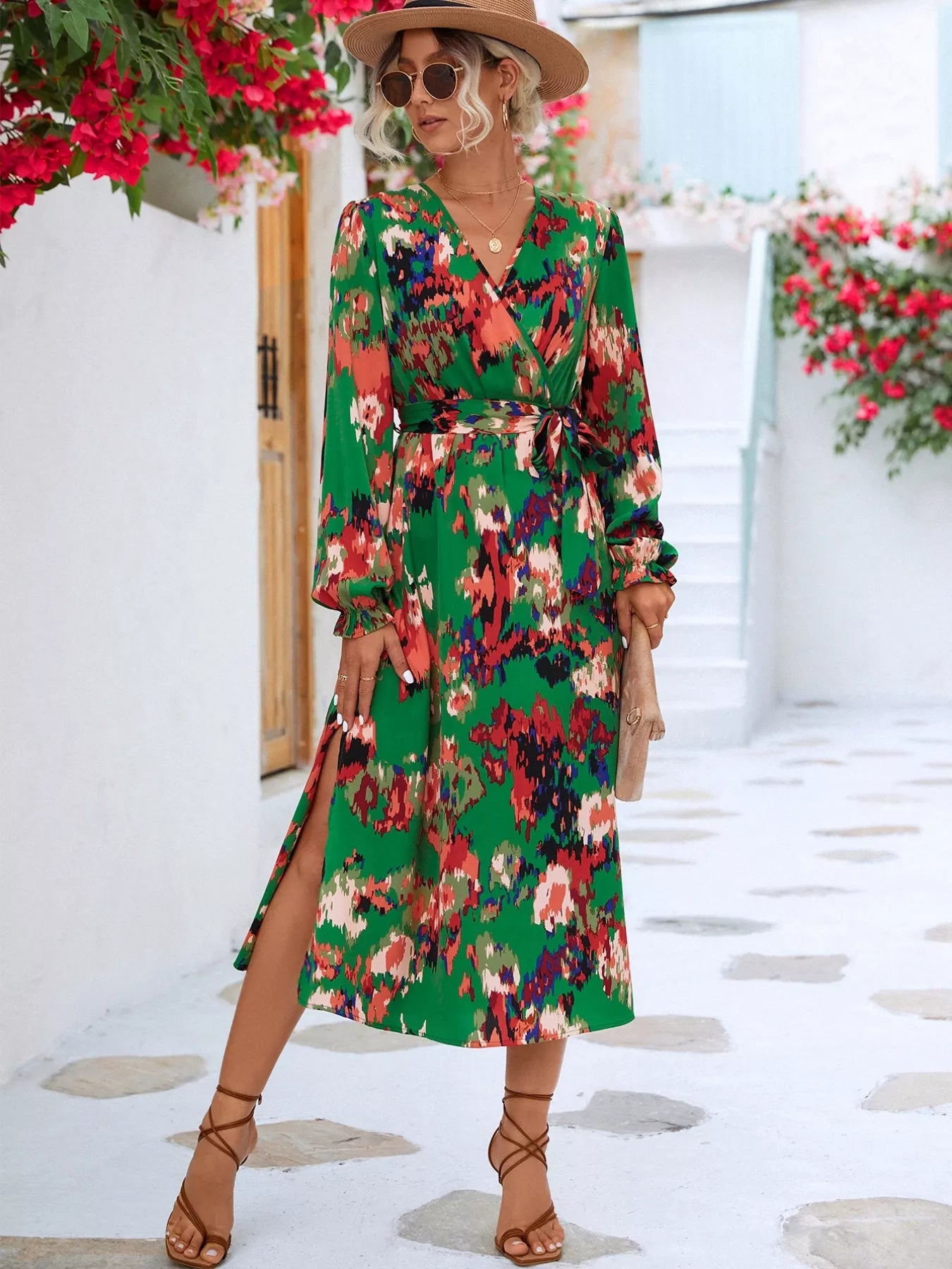 Green printed surplice midi dress with belt and long sleeves