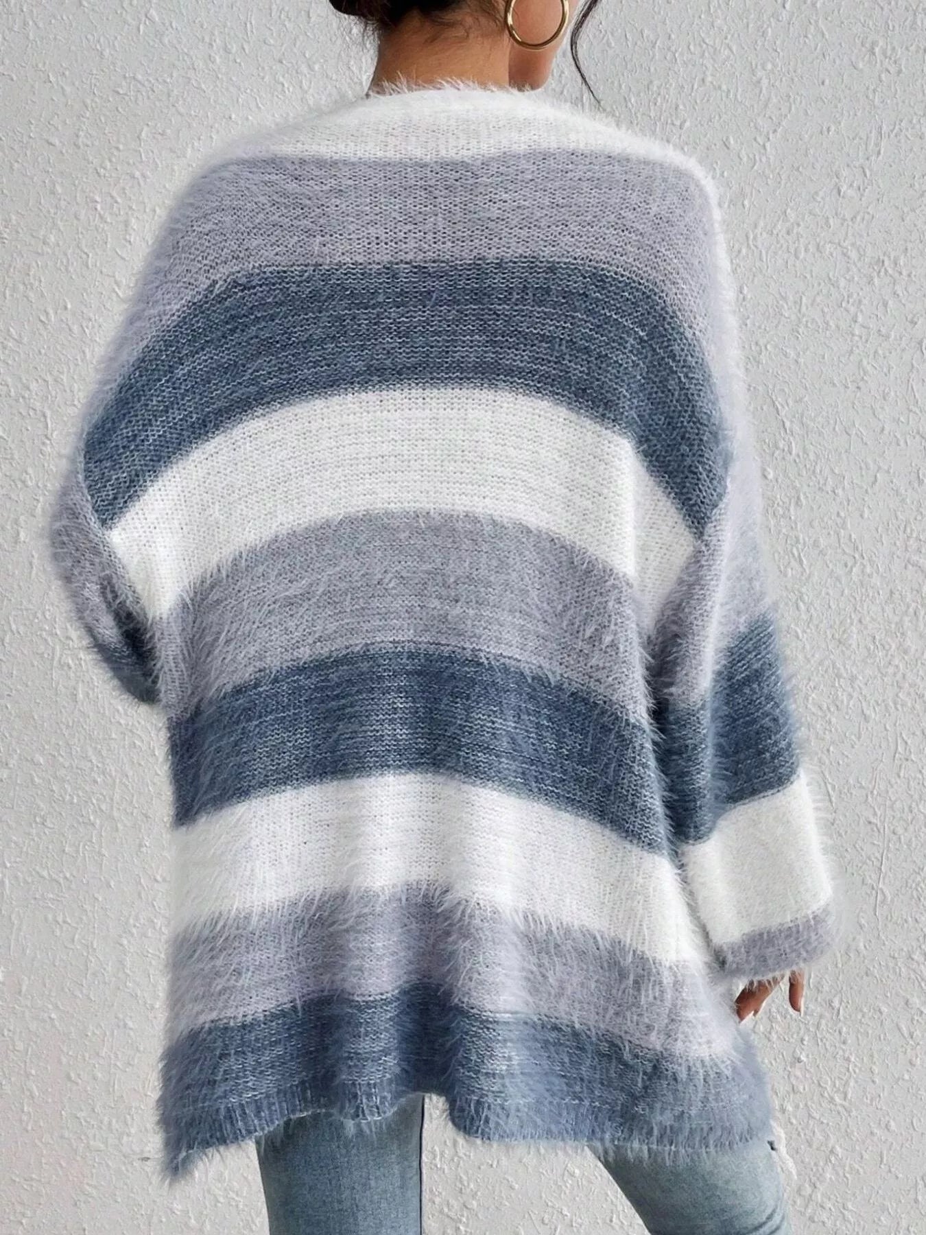 Dusty blue striped fuzzy cardigan with pockets comfortable everyday wear