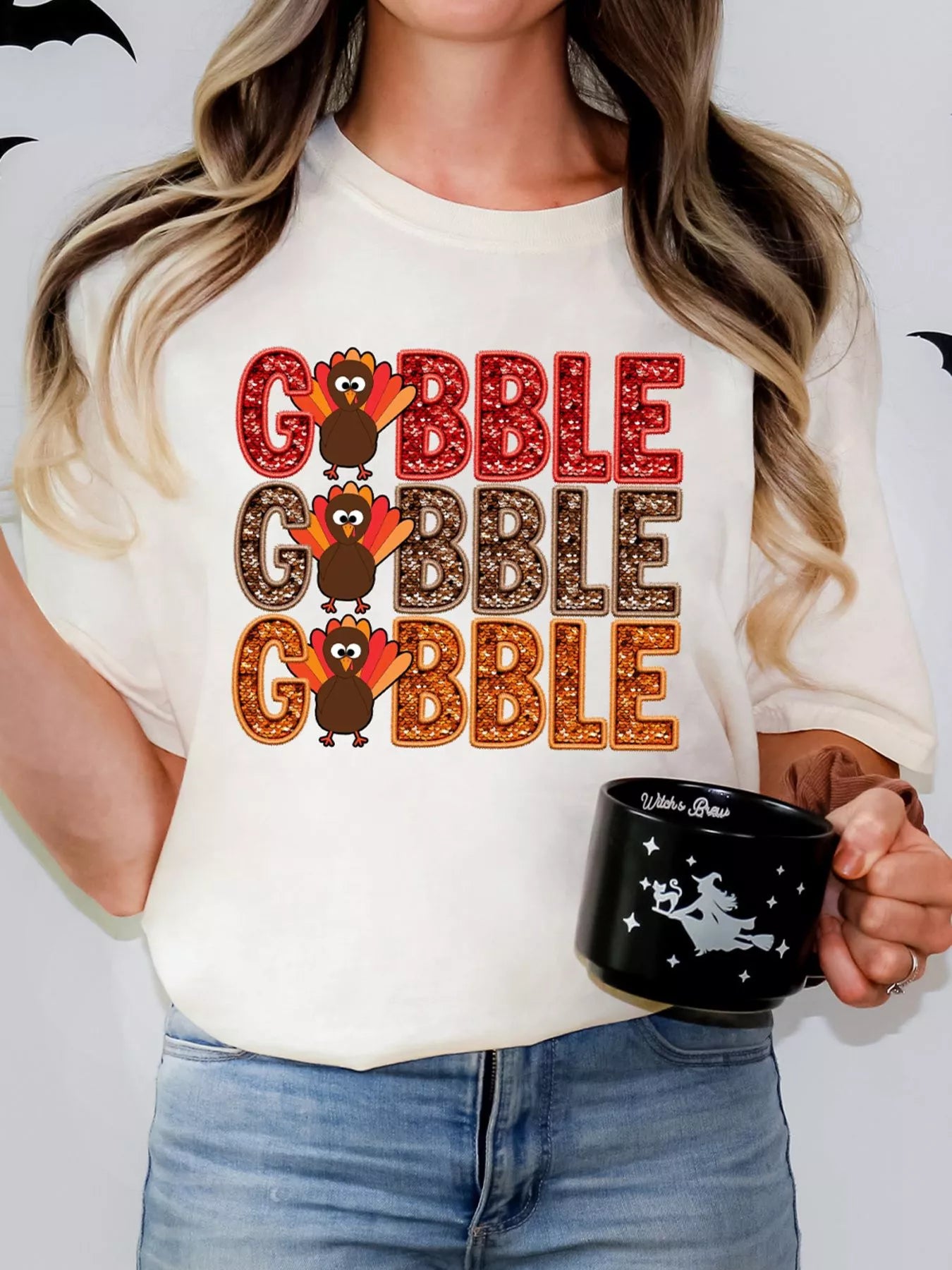 Festive turkey t-shirt side view showing comfortable fit and holiday print design
