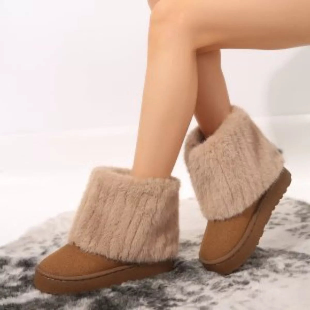 Camel fuzzy platform boots round toe front view