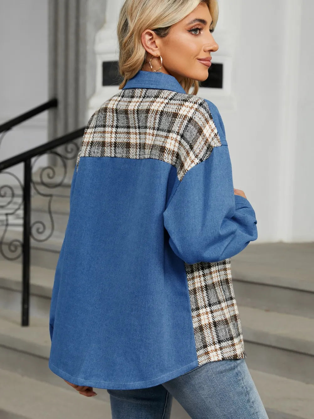 Plaid denim jacket styling back view and detail shots