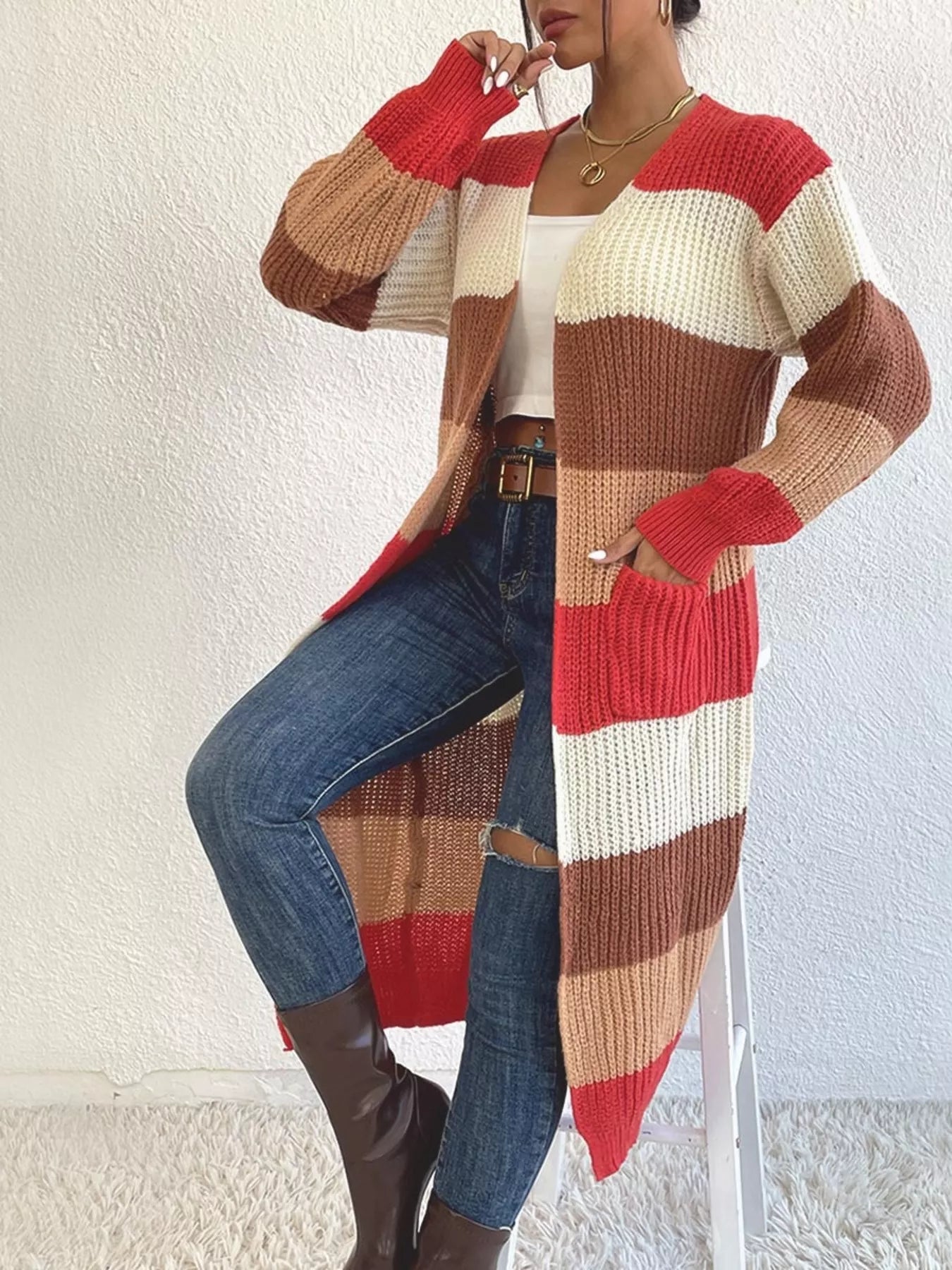 Color block striped knit cardigan casual styling with jeans