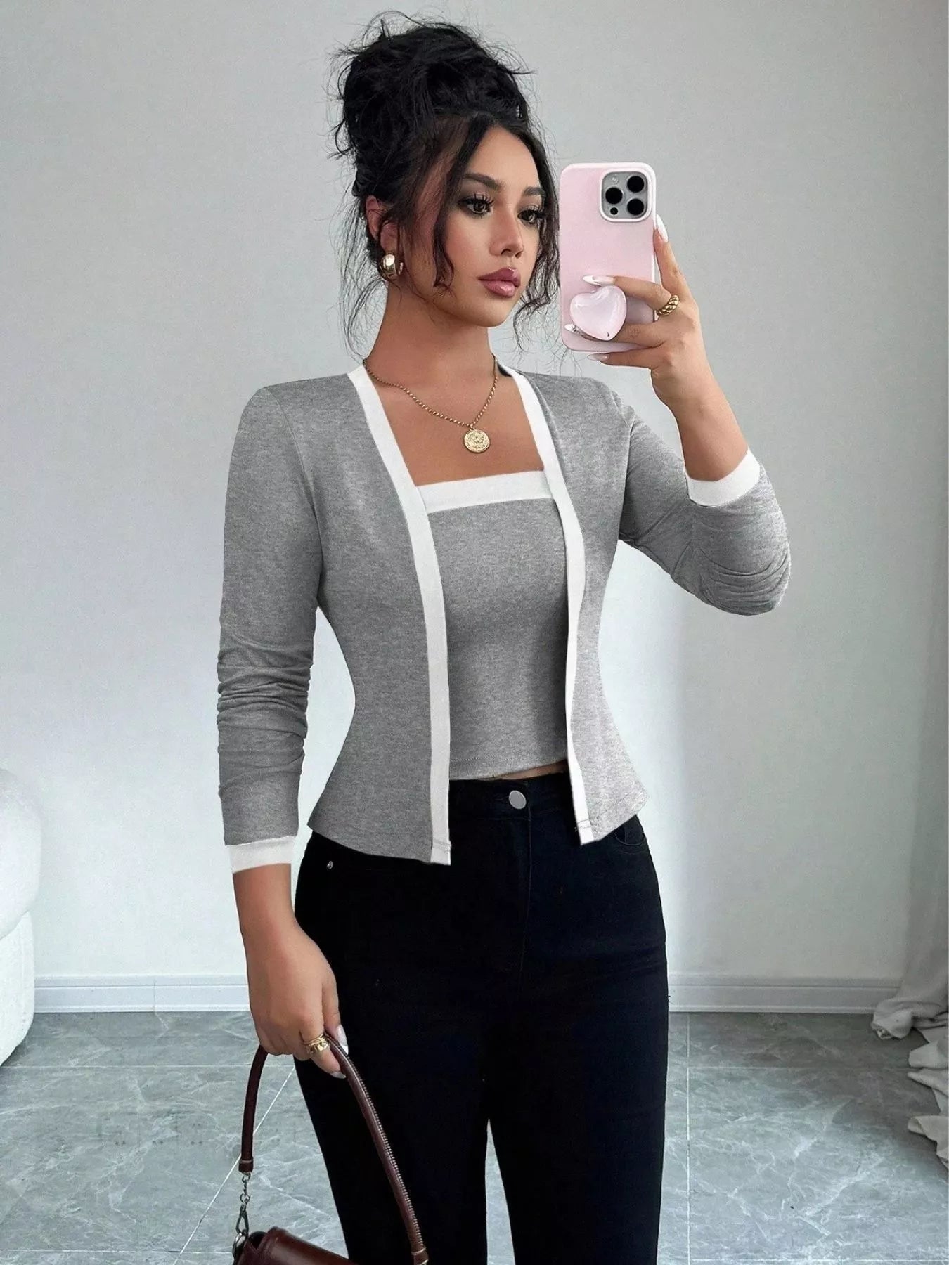 Gray cardigan tank set close-up showing polyester spandex fabric and quality