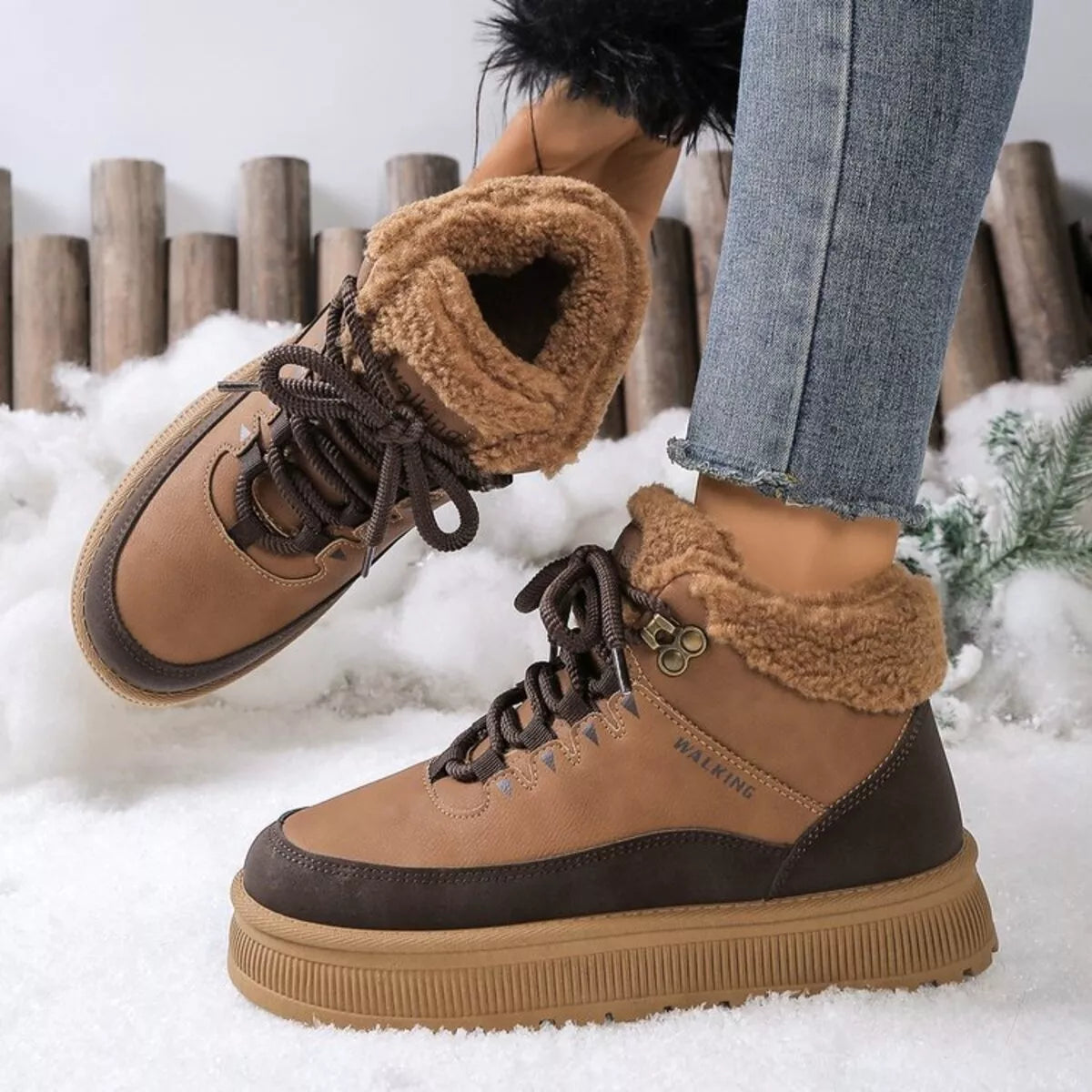 Caramel platform lace-up ankle boots cozy fluff lining side view