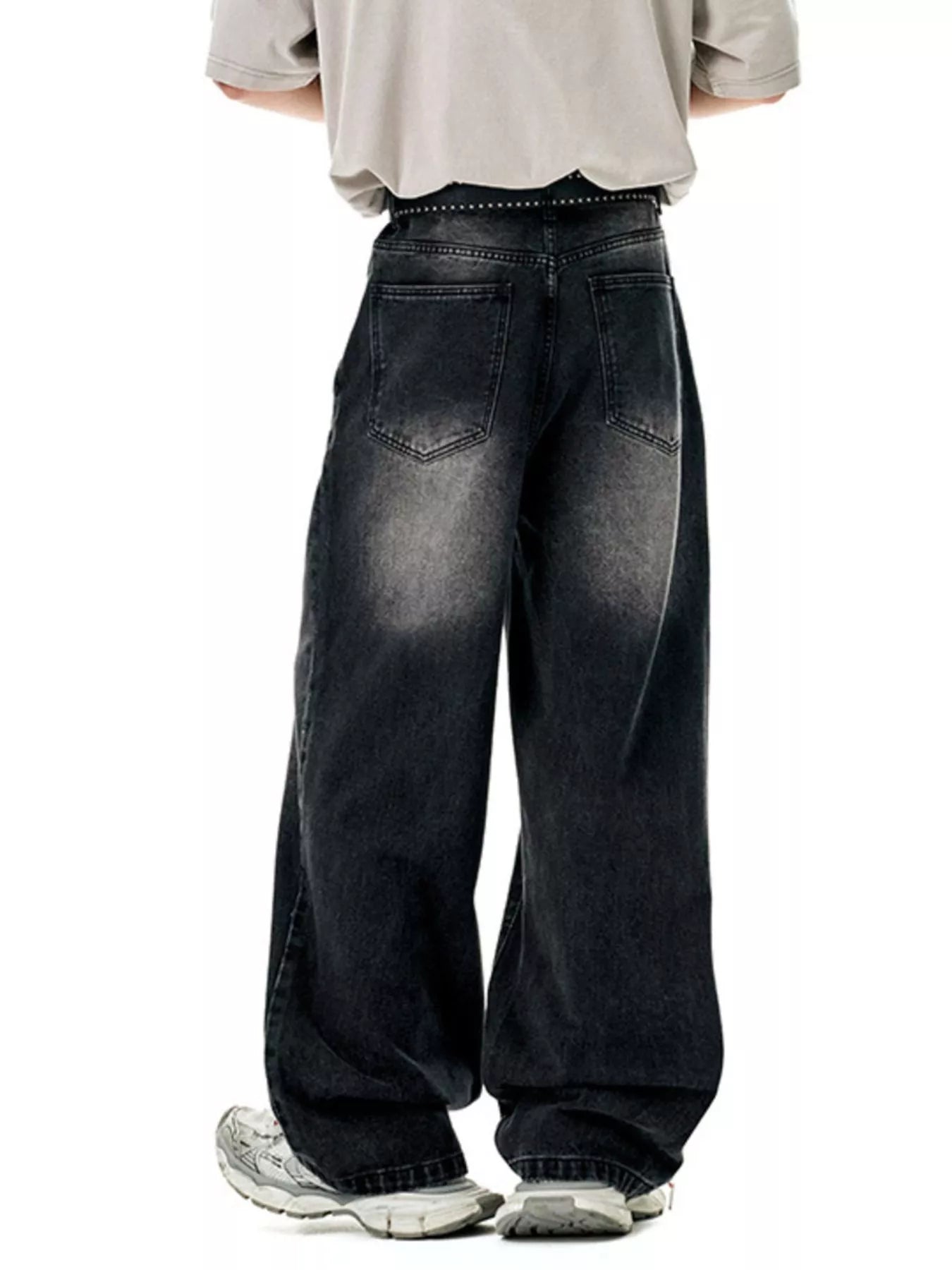 Washed wide leg jeans styled with different tops showing versatility from casual to smart-casual