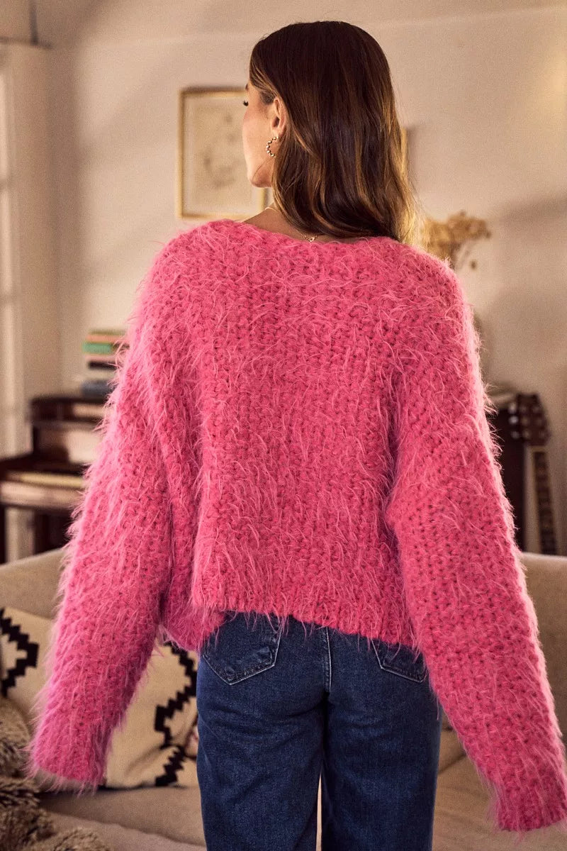 Pink cozy cardigan model wearing showing oversized loose fit