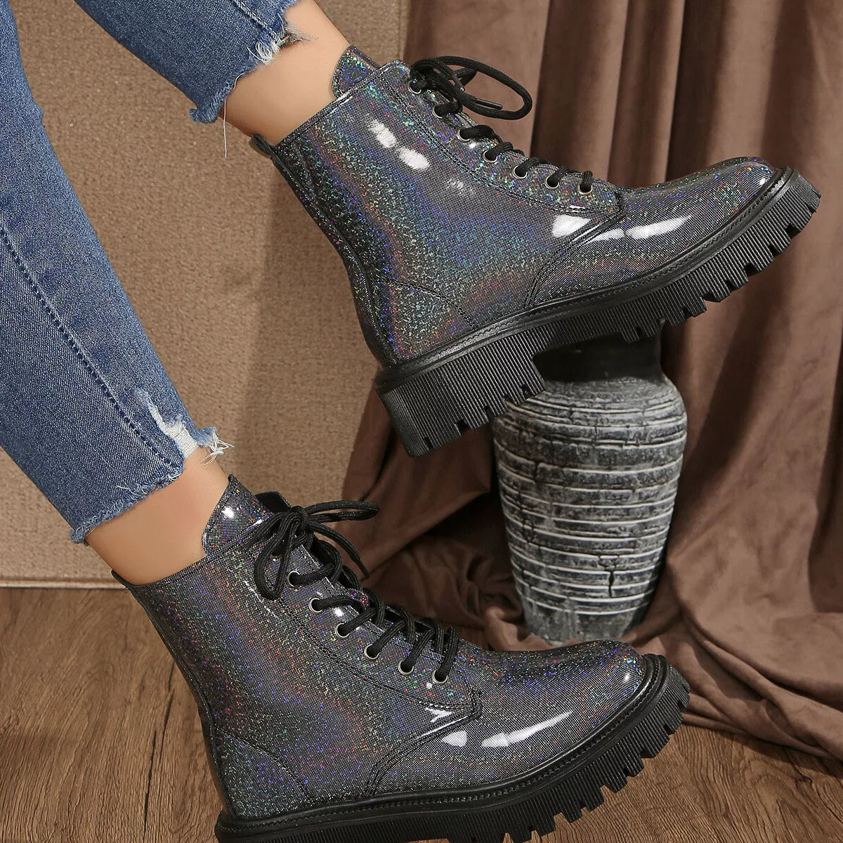 Dark gray lace-up platform boots with mid heel - front view edgy style