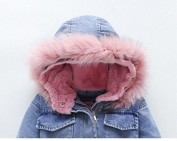 Oversized Denim Fur Hooded Winter Coat Jacket
