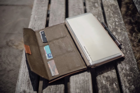 Traveler's Notebook open, showing cotton zipper case