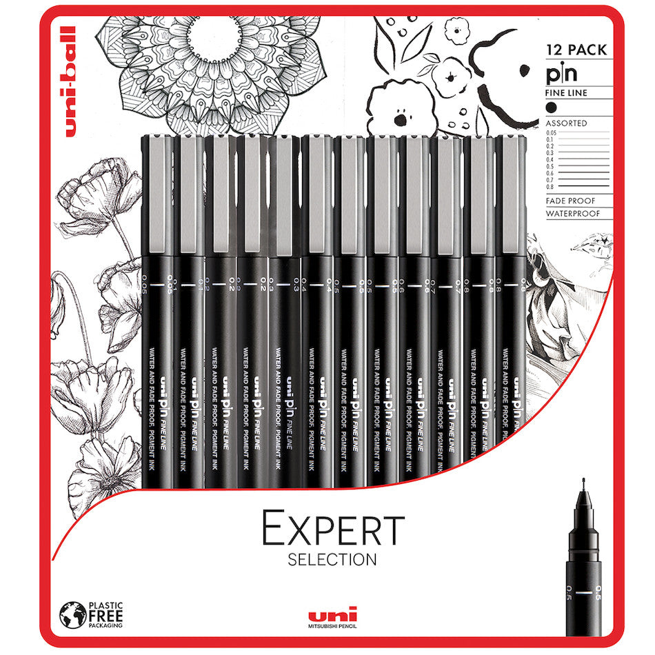 Uni Pin Fine Line Pens 12 Set, Black