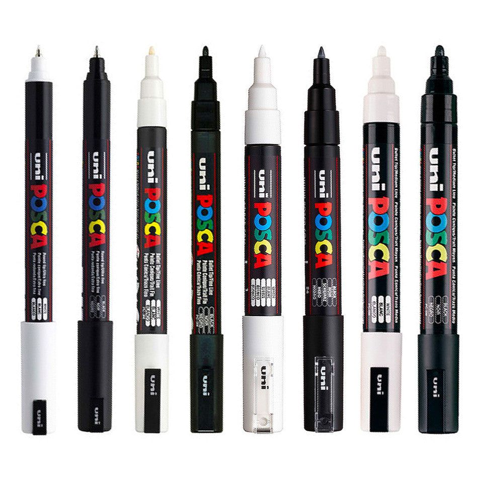 Uni POSCA Marker Pen PC-1MR Ultra-Fine to PC-5M Medium Set of 8 Black and  White