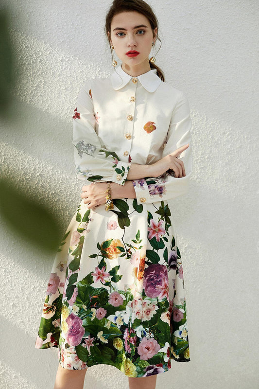 Spring lapel floral printed retro vintage dress - French