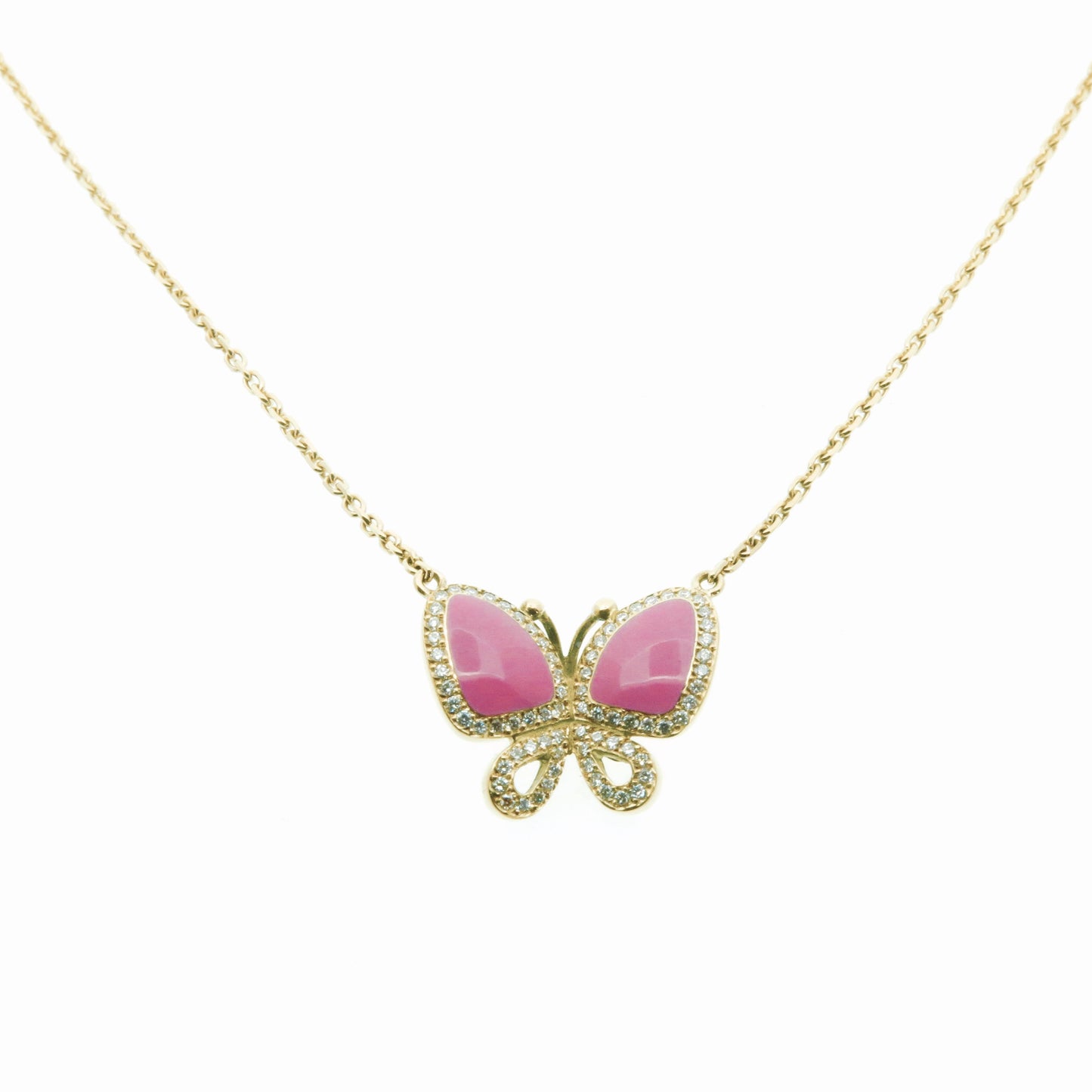 Mora gold jewelry collier papillon émaillé rose et serti de diamants sur chaîne  18 carats