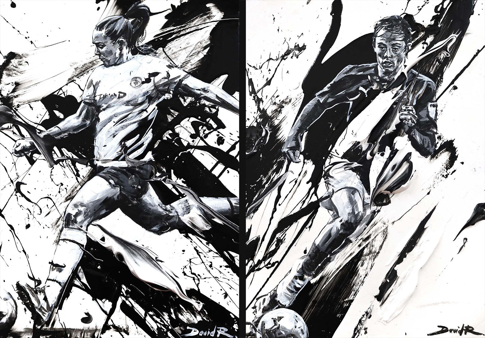 Georgia Stanway and Harry McKirdy football paintings by sports artist David Roman for the PFA Fans Player of the Month Awards