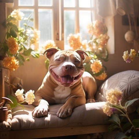 A serene Pitbull, smiling gently