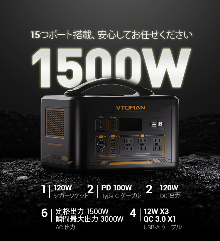 VTOMAN JUMP 1500X ポータブル電源 | 1500W/ 828Wh LiFePO4 バッテリー