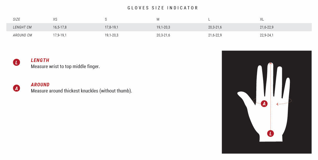 Mystic Gloves Size Chart