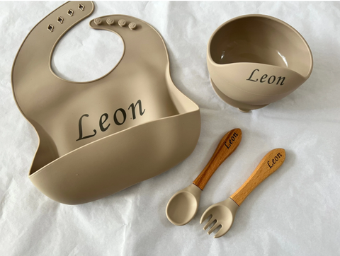 silicone baby feeding set personalised with name on bib, spoon, bowl