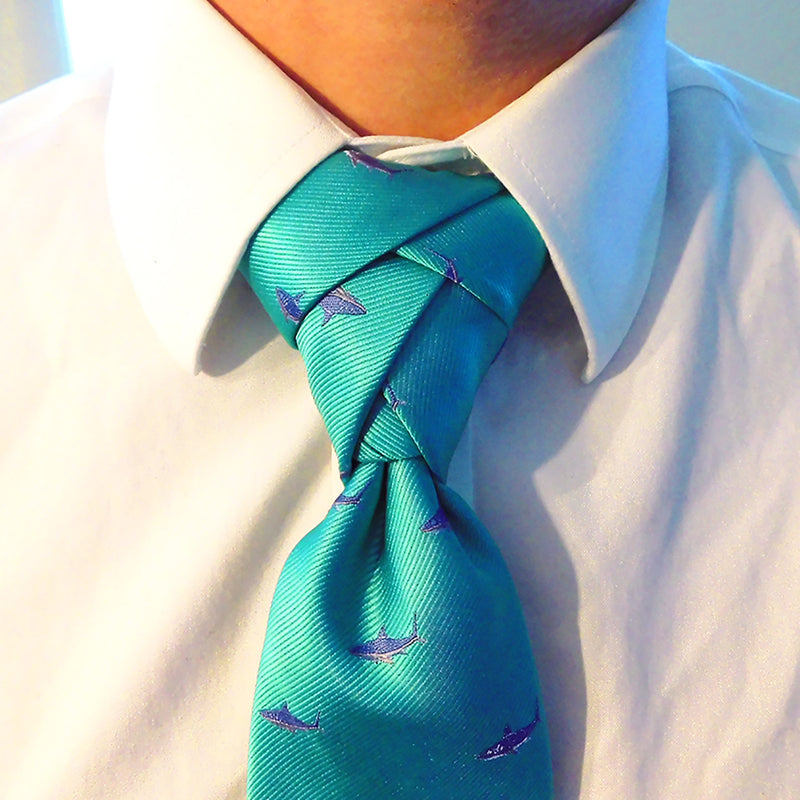Shark Necktie - Blue on Aqua, Woven Silk