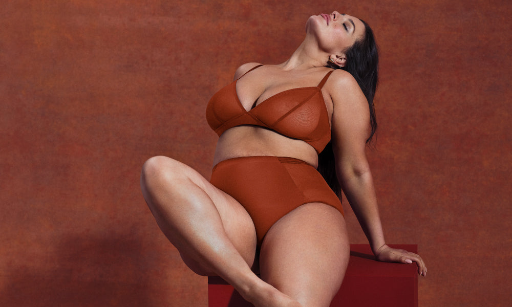 Ashley Graham wearing the Mesh Deep-V Bra and Mesh High Rise Underwear in Ginger Cookie display: full