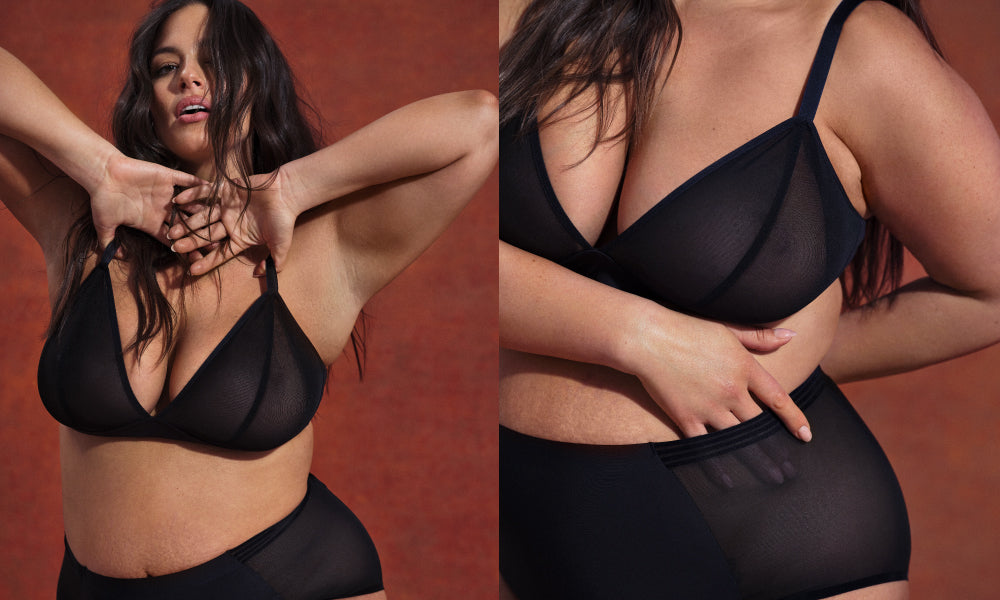 Ashley Graham wearing the Mesh Deep-V Bra and Mesh High Rise Underwear in Black display: full