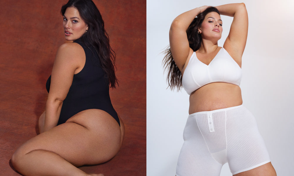 Ashley Graham (left) wearing the Micro Modal Rib Bodysuit in Black and (right) Micro Modal Rib Bralette and Micro Modal Boxer Briefs in Cloud display: full 