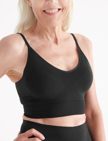 Woman wearing wireless bra, the longevity.