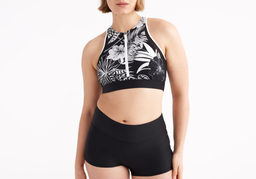 High Energy Bikini in Hibiscus Heat and Leakproof Swim Shorts in Black display: full