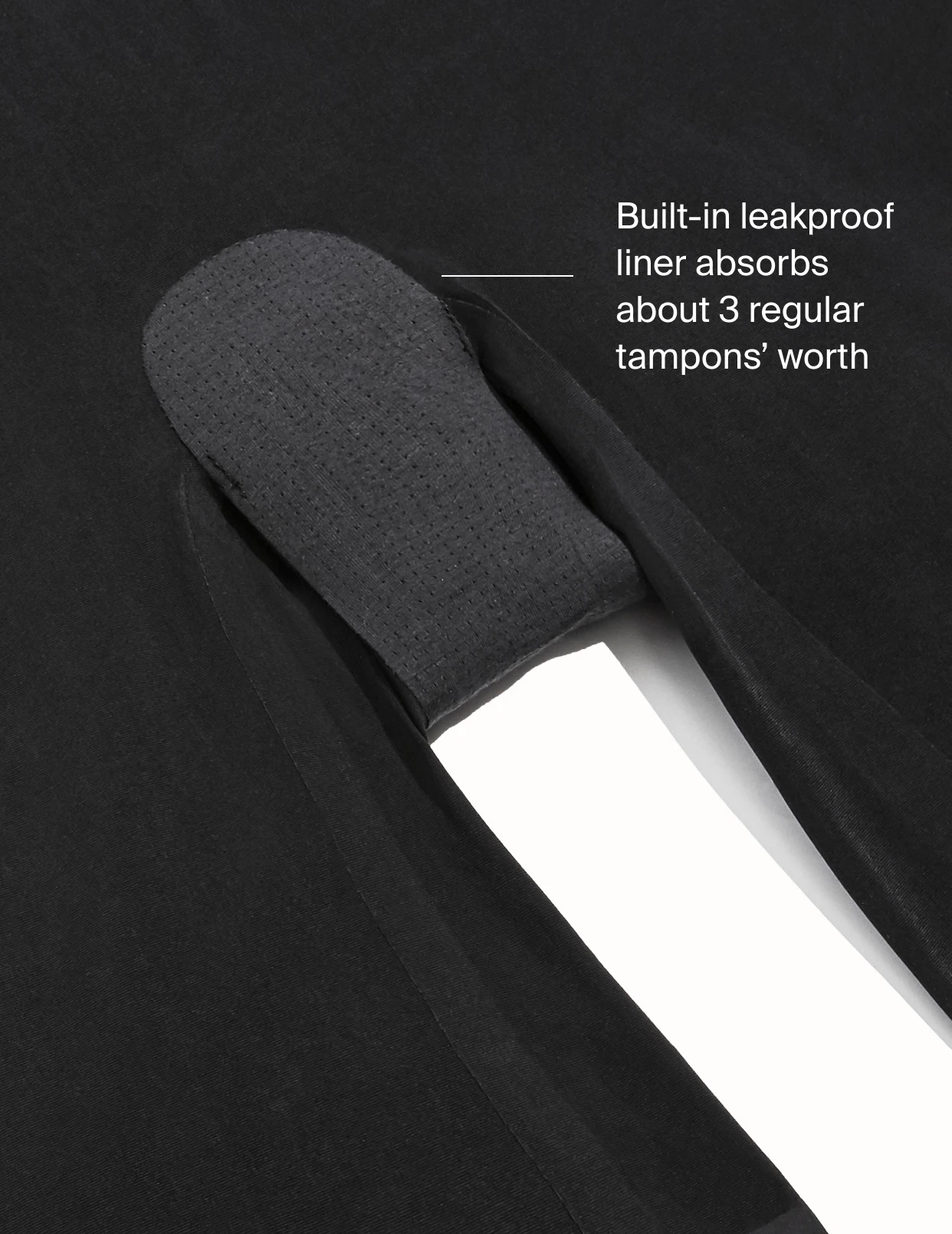 Built-in leakproof liner absorbs about 3 regular tampons' worth