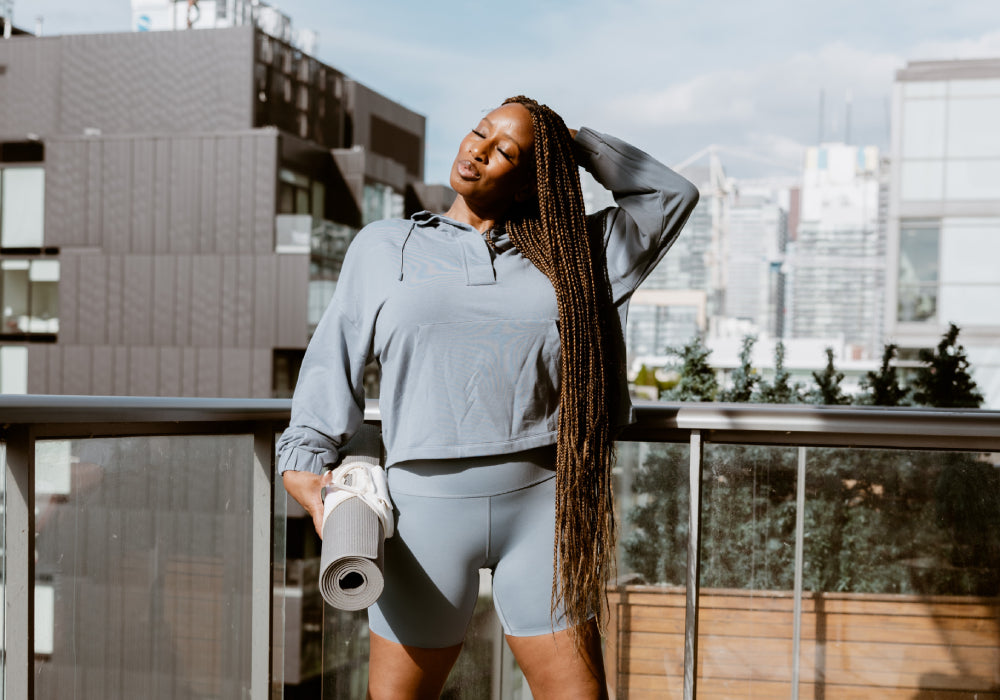 Yoga-chic Shannae sporting the Good to Go Oversized Hoodie and HiTouch High Rise Short in Slate Blue display: full